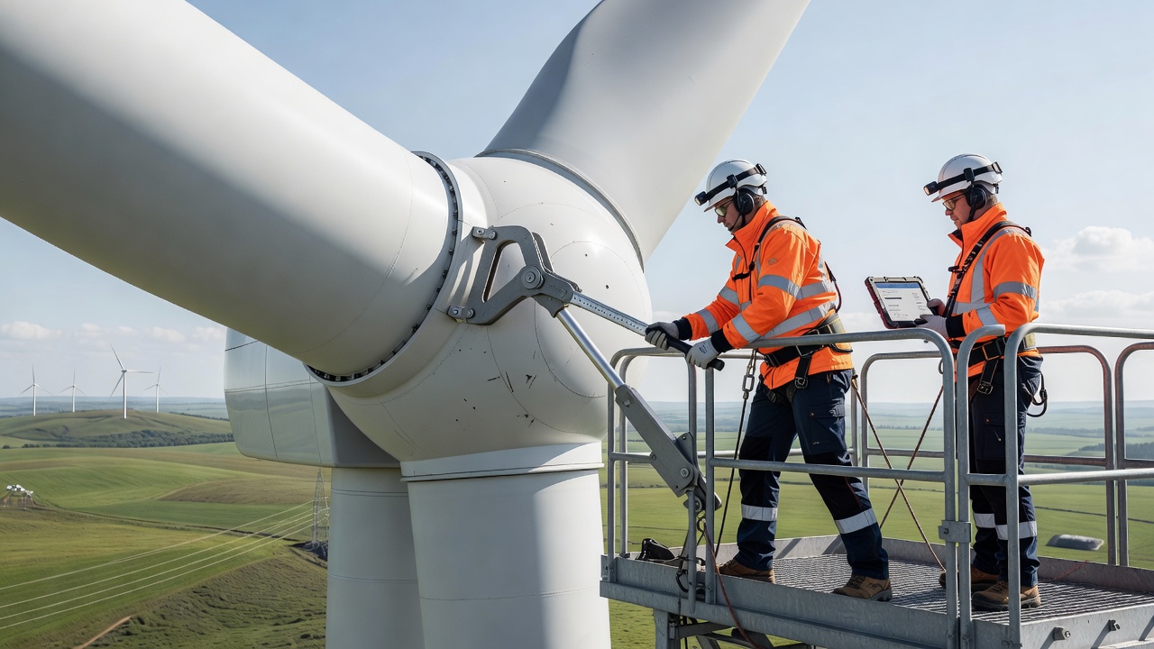 Remote maintenance team monitoring high-strength lever adjustments on offshore wind turbine blades via control interface