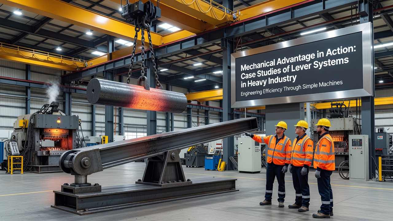 Industrial lever press applying force to shape large metal components in a manufacturing facility